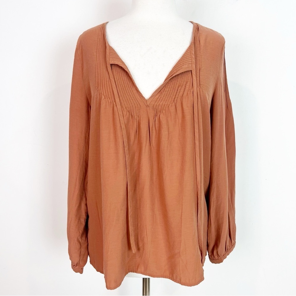 GRADE & GATHER RUST BROWN TIE NECKLINE BOHO BLOUSE SHIRT WOMENS LARGE